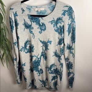 LOFT Gray and Blue Crew Neck Sweater with Abstract Design